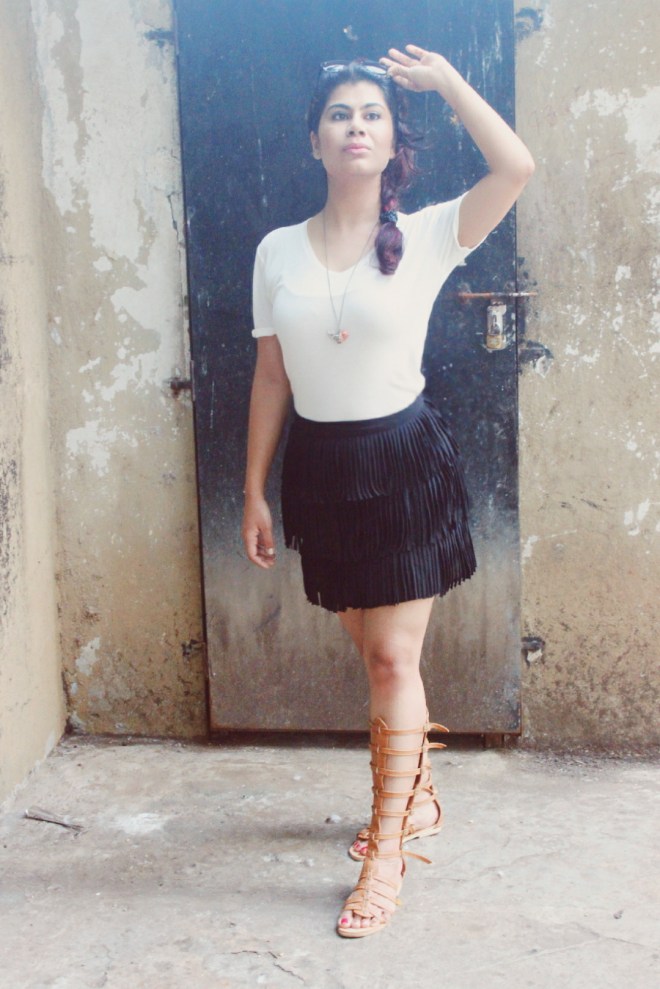 Fringe skirt and gladiator shoes