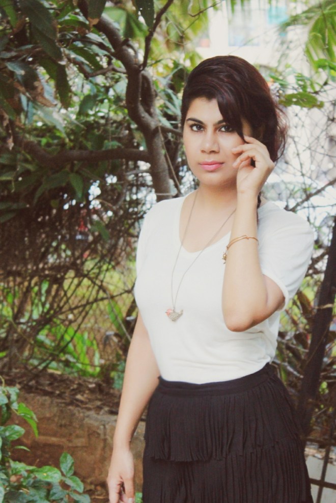 Fringe skirt and gladiator shoes